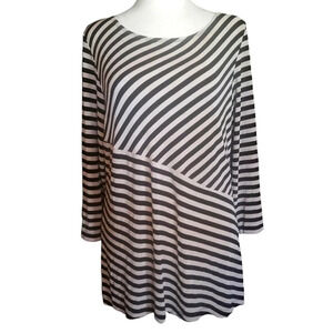 Chico's Travelers 3/4 Sleeve Asymmetrical Black And Tan Striped Top Size 2 Large